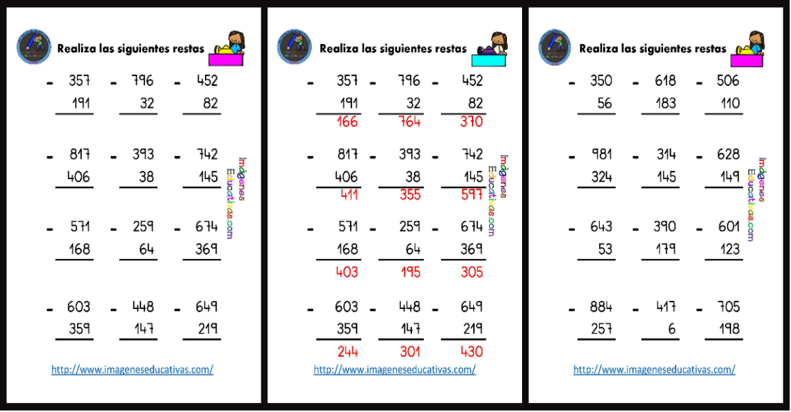 COLECCIÓN DE FICHAS PARA PRACTICAR LA RESTA CON Y SIN LLEVADA